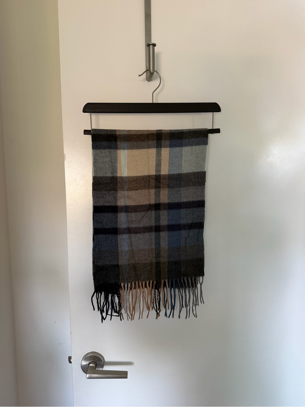Plaid Fringe Scarf in Blue, Gray & Tan